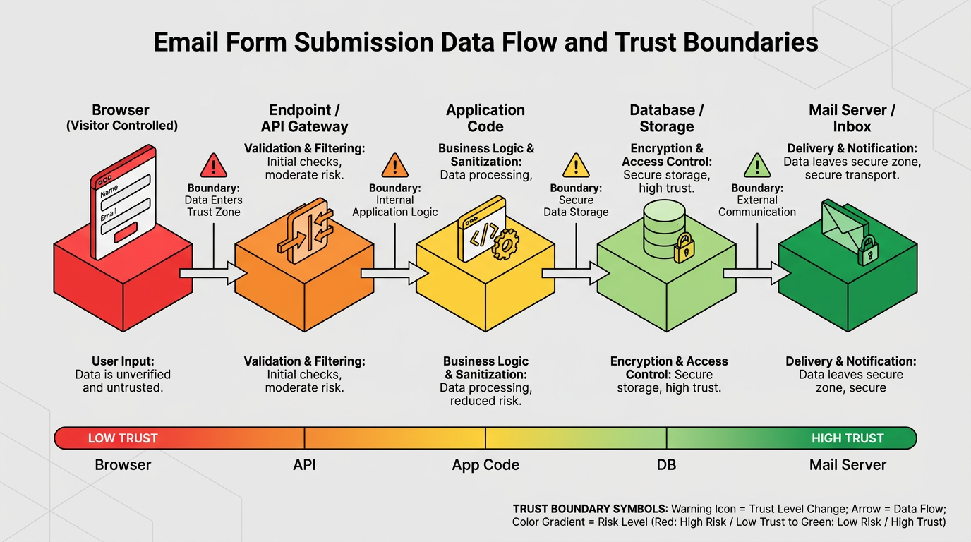 Five connected blocks trace a form submission from an untrusted browser through an API gateway, application code, and a database, to a mail server, with warning icons marking each trust boundary and a color gradient from low to high trust.
