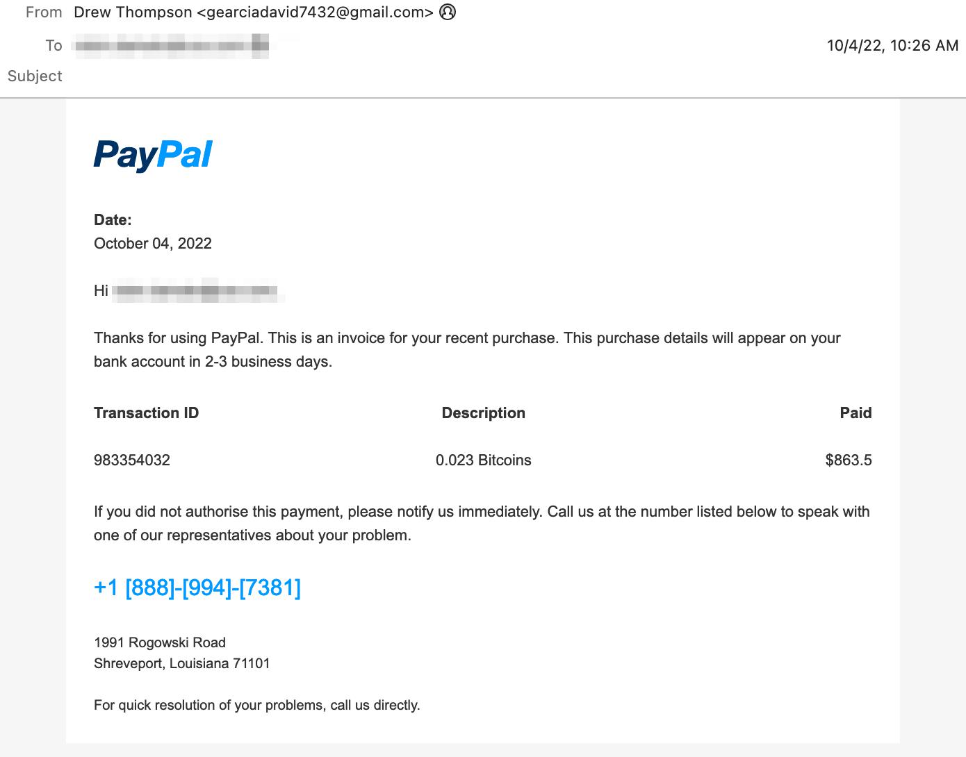 Fake Pay Pal Cryptocurrency Payment Receipt
