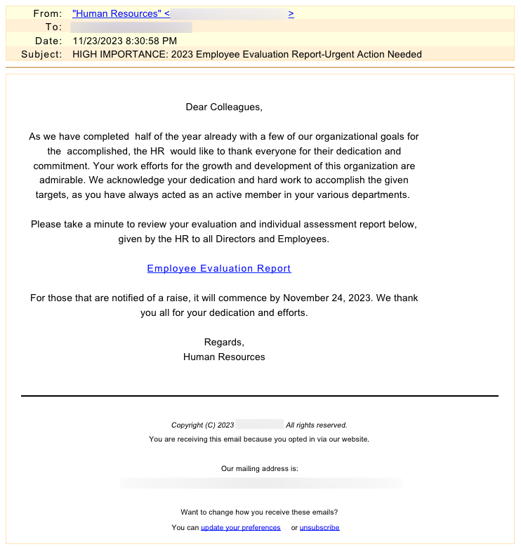 AI HR Impersonator Bogus Employee Evaluation Phishing Email