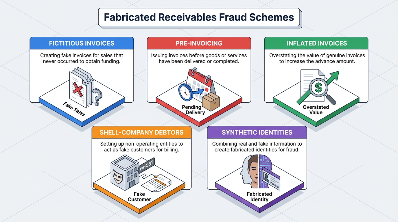 Five stacked panels outline fabricated receivables fraud schemes: fictitious invoices, pre-invoicing, inflated invoices, shell-company debtors, and synthetic identities used to secure fraudulent factoring advances.