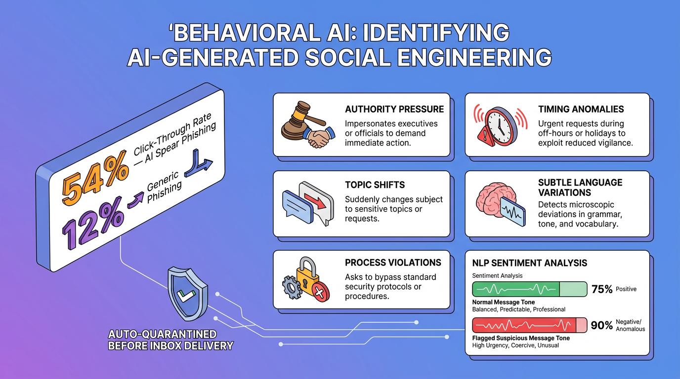 Flowchart uses icons and arrows to illustrate how Behavioral AI analyzes sender relationships, login patterns, and communication habits to detect business email compromise, account takeover, and social engineering threats missed by
