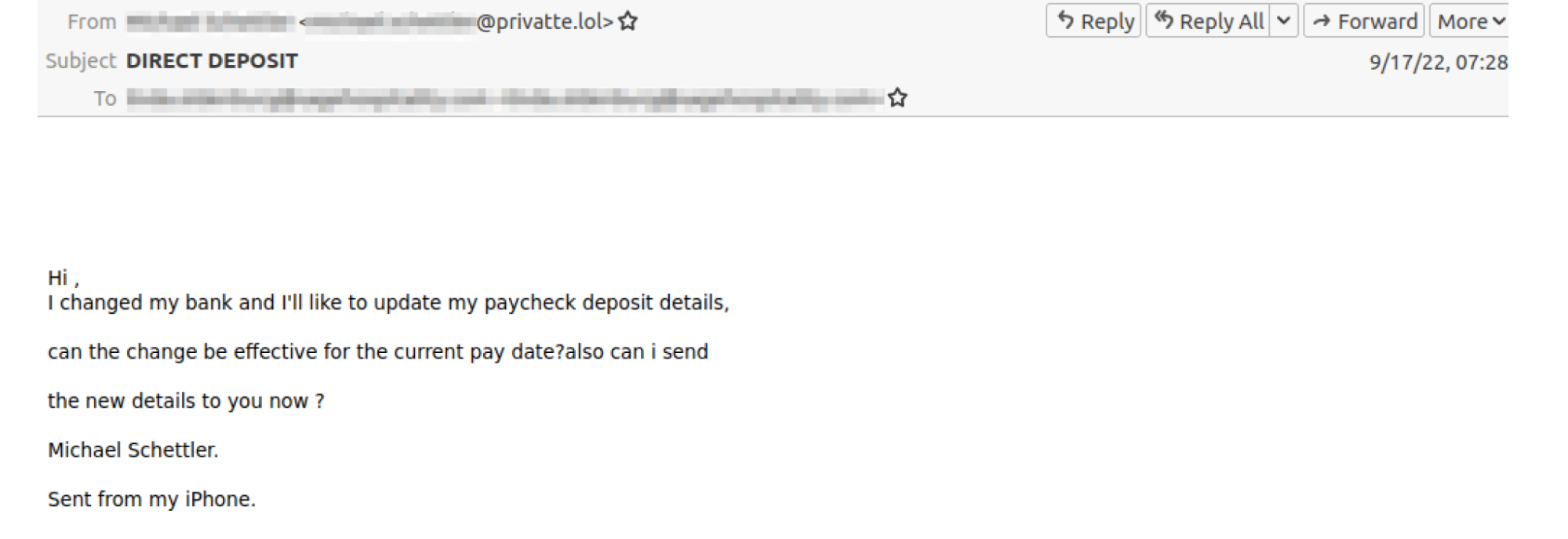 Payroll diversion attack