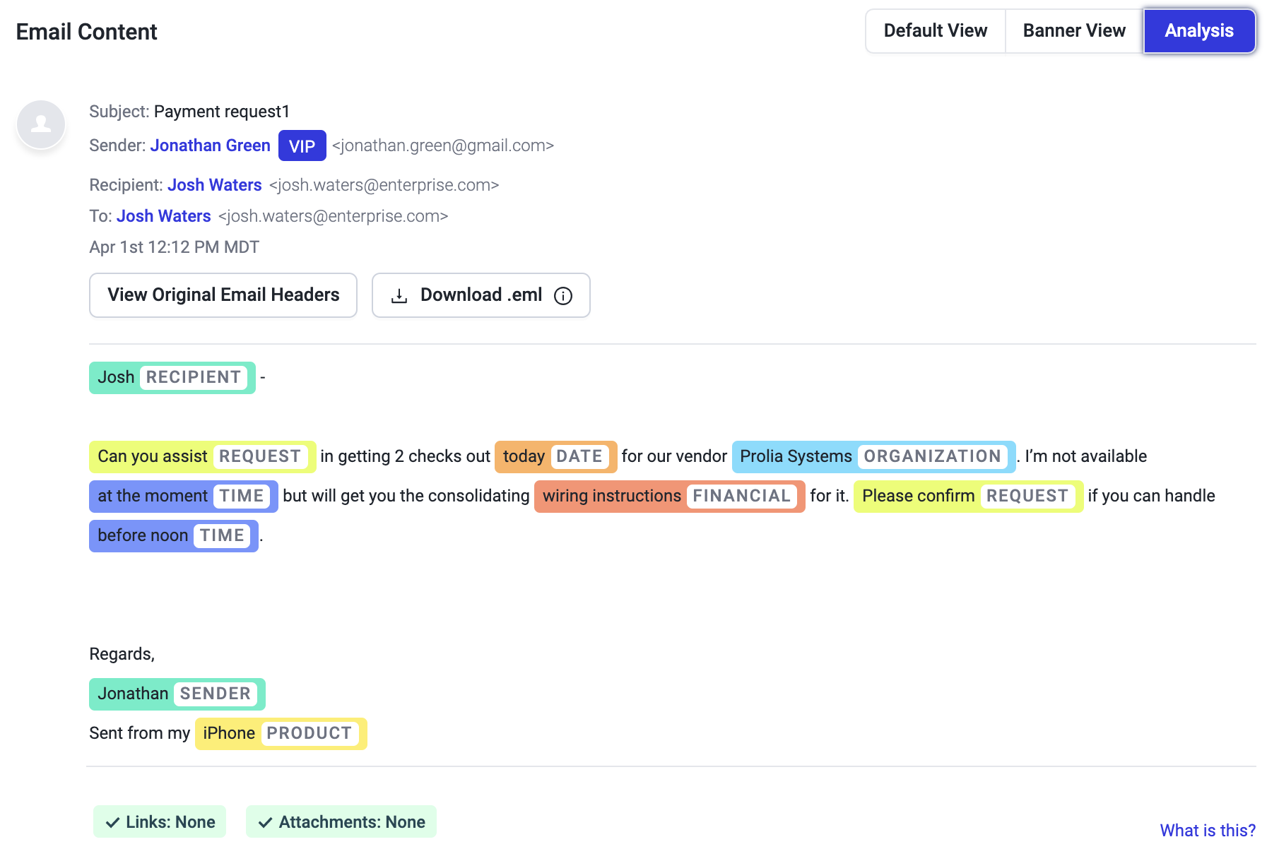 Business Email Compromise sample email with Abnormal detection