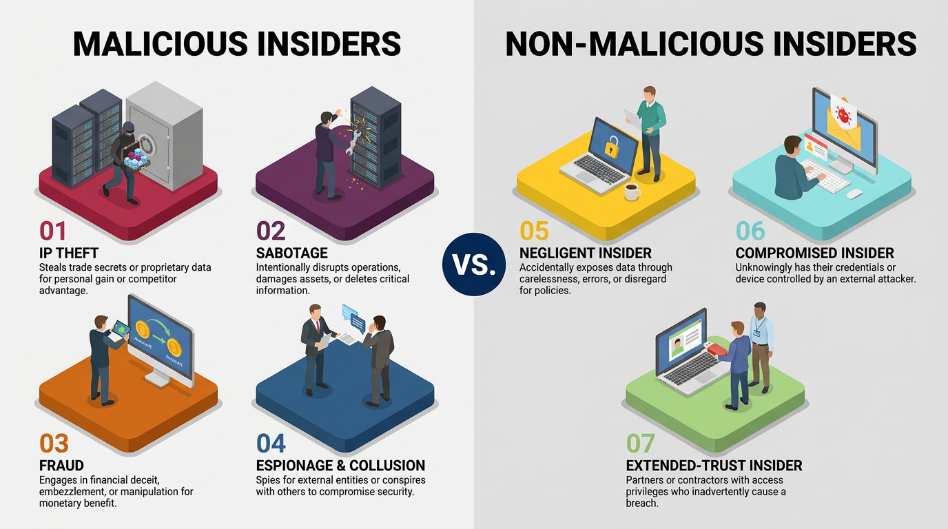 Seven insider-threat categories split into malicious types (IP theft, sabotage, fraud, espionage/collusion) and non-malicious types (negligent, compromised, extended-trust), each shown with isometric icons and brief behavioral descriptions.