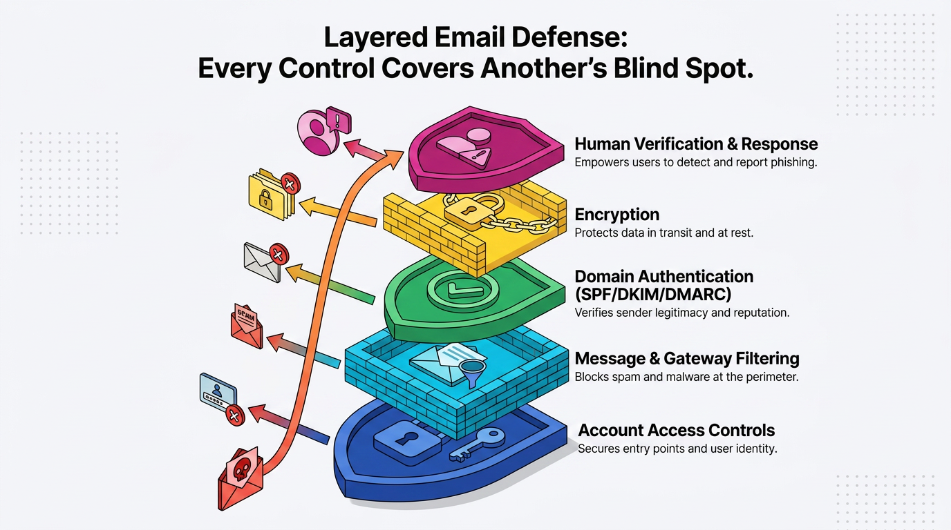 Five stacked shield and brick layers illustrate coordinated email security controls—account access, message and gateway filtering, SPF/DKIM/DMARC domain authentication, encryption, and human verification—each catching threats the others