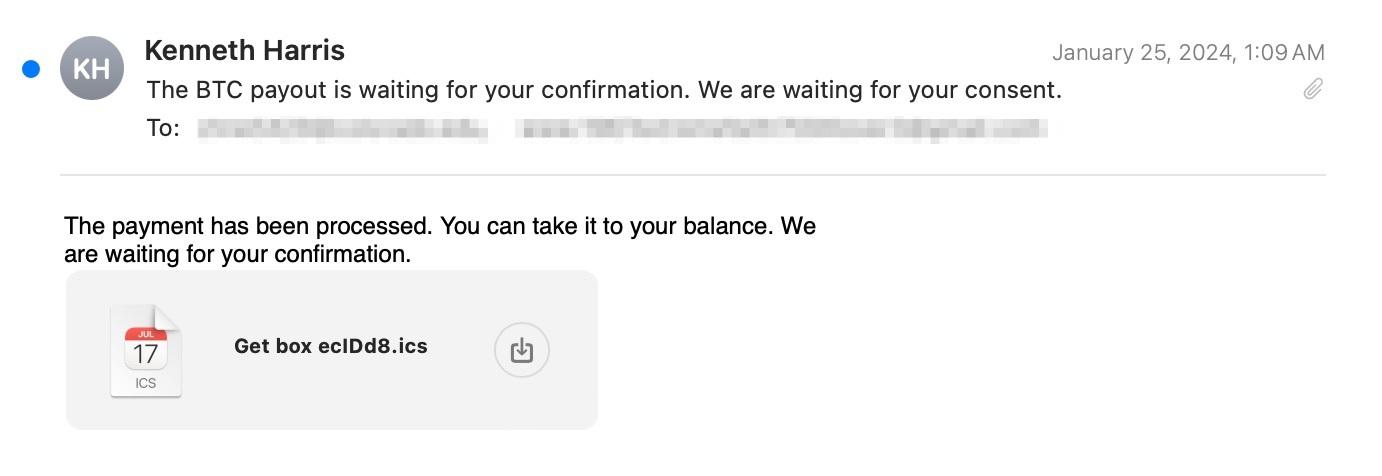 AL Calendar Link Fake Cryptocurrency Malware Email