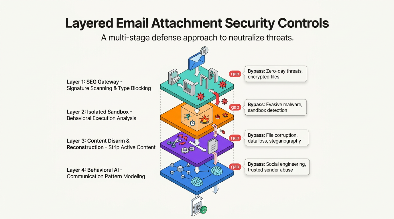 Four stacked layers, teal SEG gateway, orange sandbox, purple content disarm, and blue behavioral AI, each show a labeled bypass gap, illustrating layered defenses needed to stop malicious email attachments reaching execution