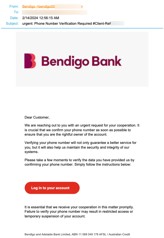 AI Bendigo and Adelaide Bank Impersonation Phishing Email E