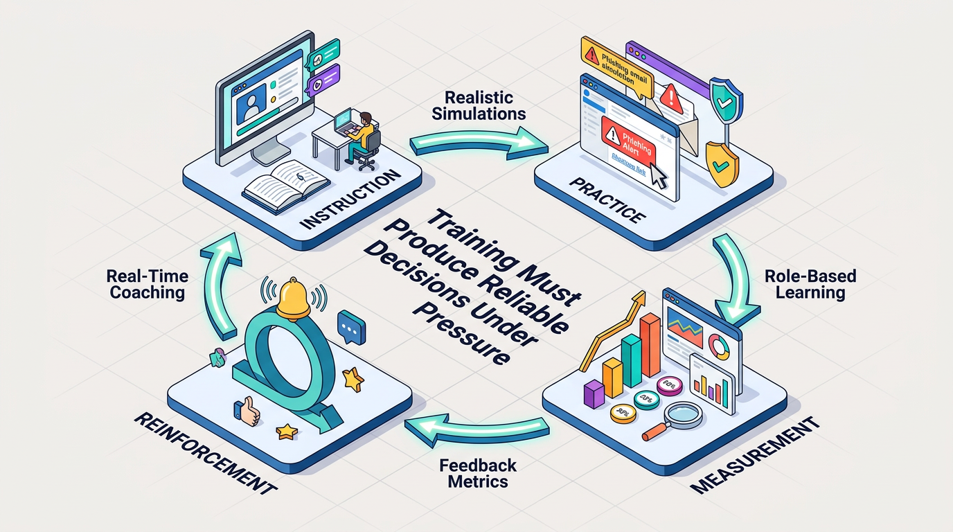 A four-stage cycle showing instruction, practice, measurement, and reinforcement connected by realistic simulations, role-based learning, feedback metrics, and real-time coaching to build reliable security decisions under pressure.