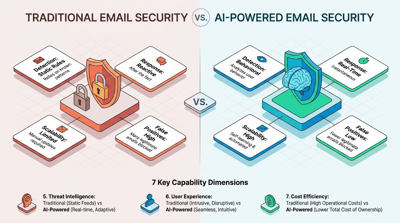 Side-by-side comparison infographic contrasts traditional email security’s static rules and poor adaptability with AI-powered defenses offering dynamic, real-time threat detection, lower false positives, automation, and scalable