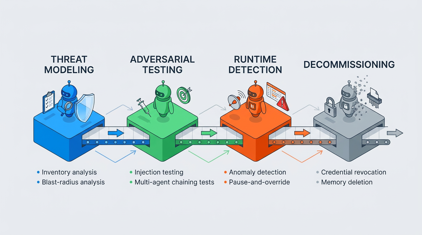 Four connected stages—threat modeling, adversarial testing, runtime detection, and decommissioning—depict the AI agent security lifecycle, each paired with icons and controls like injection testing, anomaly detection, and credential