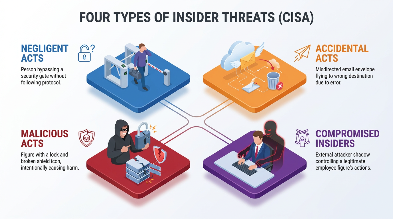 Four isometric panels illustrate CISA's insider threat categories: negligent acts bypassing security gates, accidental misdirected emails, malicious sabotage of servers, and compromised insiders controlled by hidden external attackers.