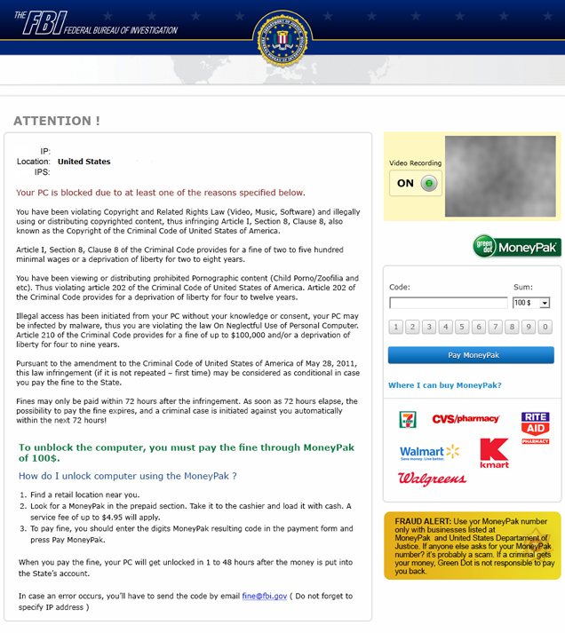 A fake FBI ransomware page soliciting cryptocurrency
