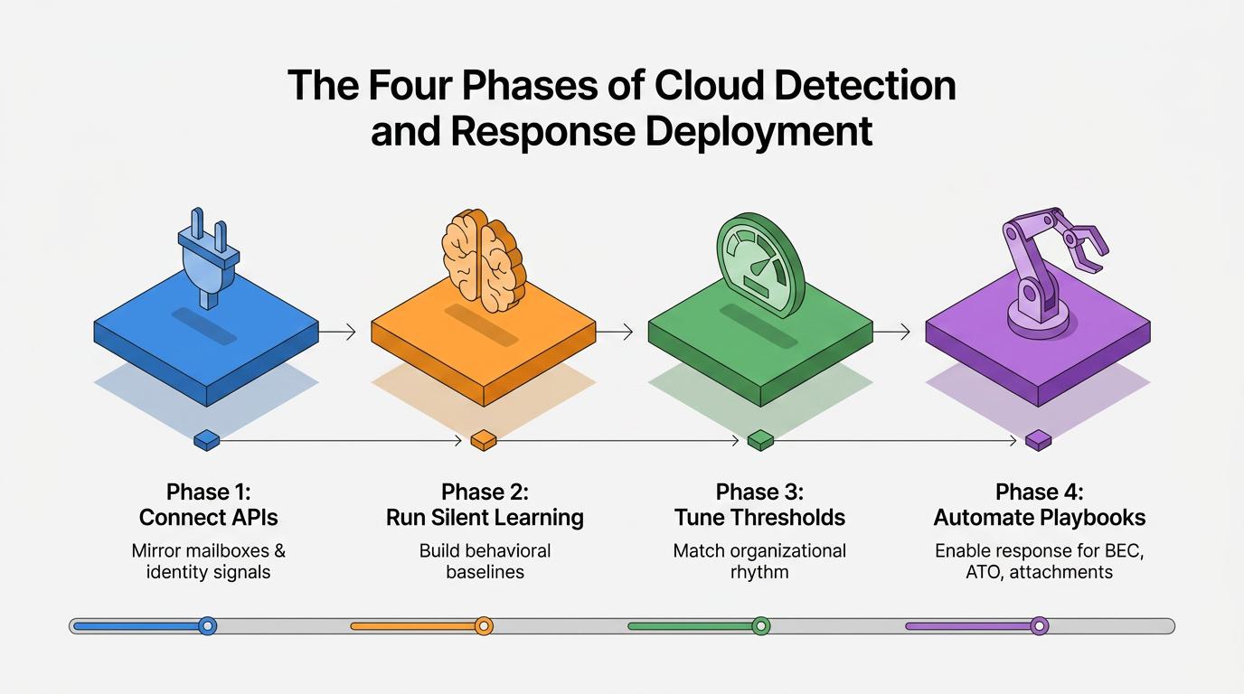 Diagram illustrates how legacy email gateways (SEGs) lose visibility after user authentication, while cloud detection and response continues monitoring post-delivery user behavior, detecting threats within trusted cloud environments.