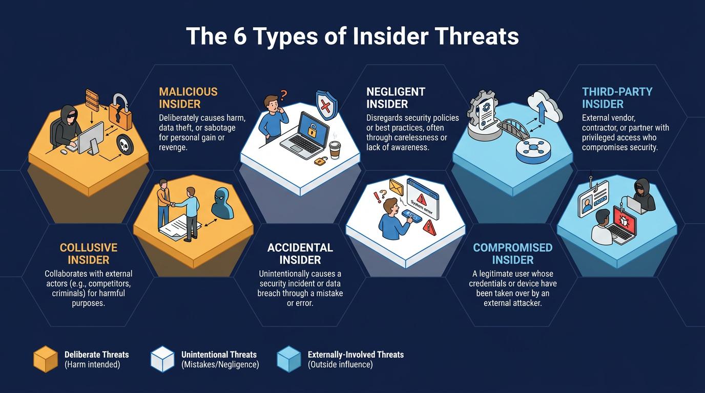 Infographic uses concentric circles to depict layers of insider threat risk, highlighting how authorized access, intent, involvement, and behavioral changes intersect to enable data theft, sabotage, or policy violations from within.