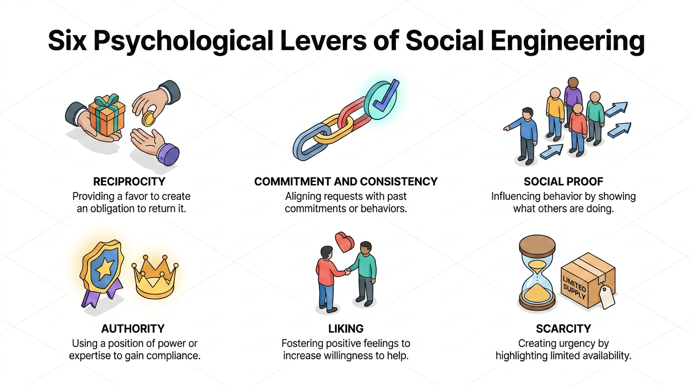Eight isometric tiles illustrate social engineering attack types an assessment should test—phishing, spear phishing, vishing, smishing, pretexting, tailgating, baiting, quid pro quo, and BEC—each tied to a distinct psychological