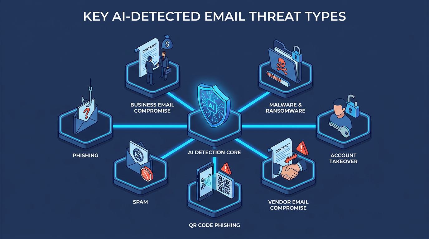 Layered diagram illustrates how AI-based email security combines behavioral analysis, language understanding, and relationship mapping to identify phishing, BEC, and account takeover threats that bypass legacy filters.