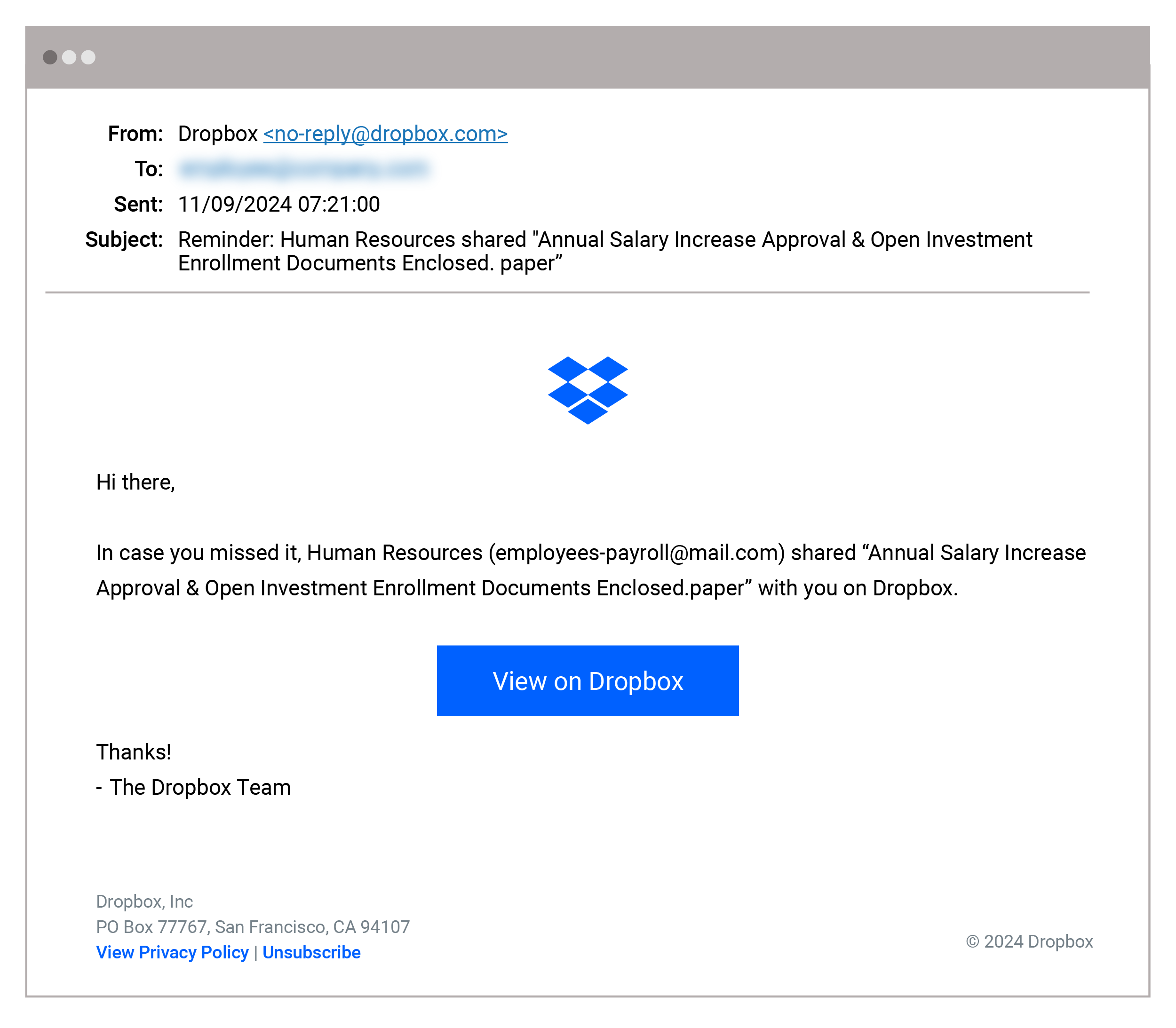 Dropbox Open Enrollment Attack Email