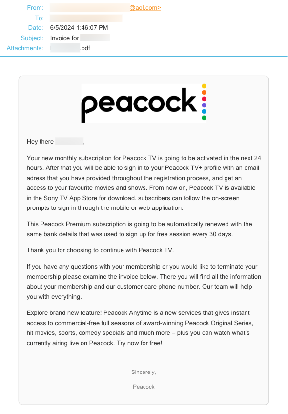 AI Peacock Impersonator Fake Subscription Email E