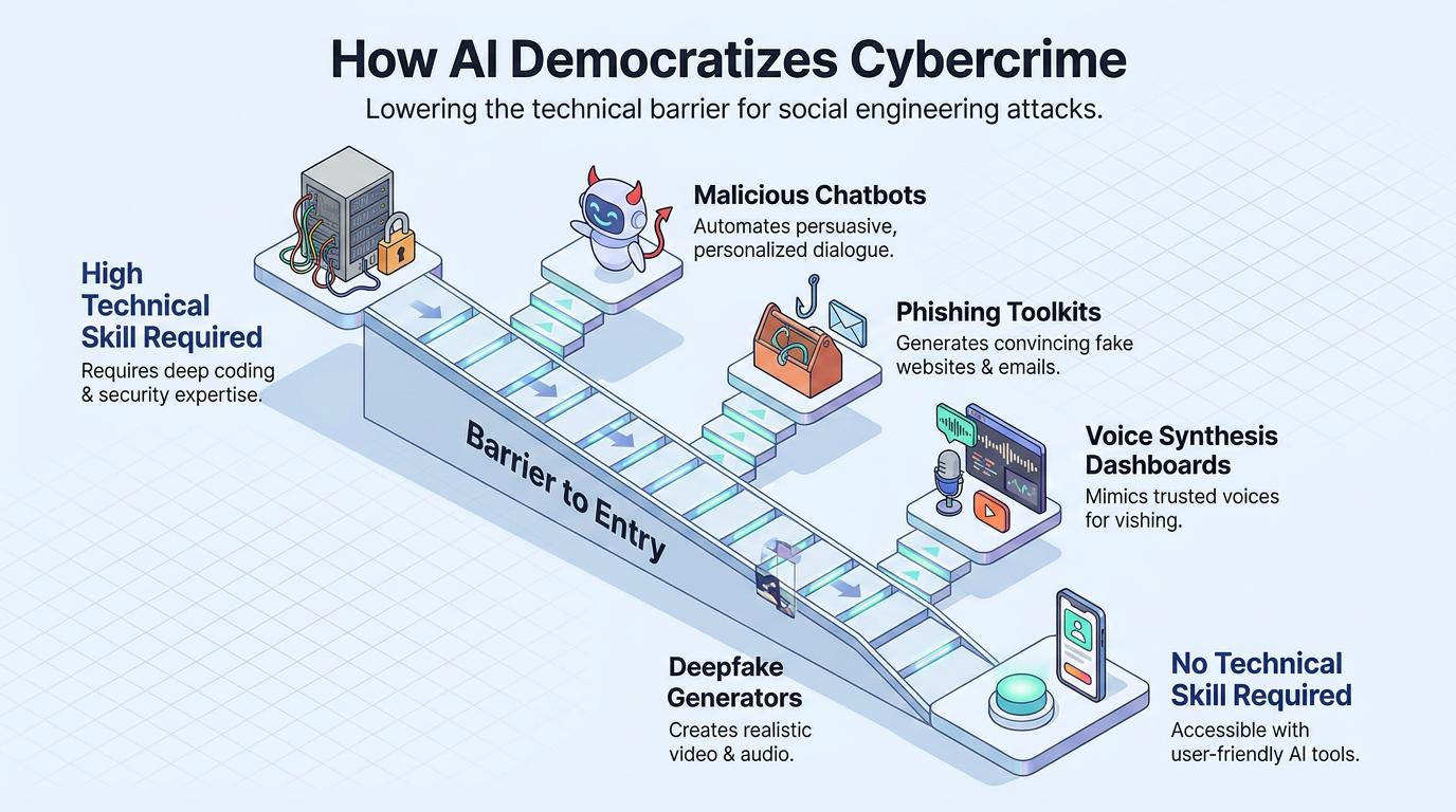 Chart uses realistic business email samples to contrast traditional phishing’s obvious errors with AI-powered attacks that feature personalized context, urgent requests, and credible language, highlighting new email security challenges.