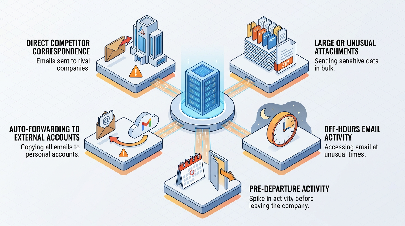 Six warning indicators of insider risk radiate from a central server icon: direct competitor correspondence, unusual attachments, auto-forwarding to external accounts, off-hours email activity, and pre-departure activity spikes.