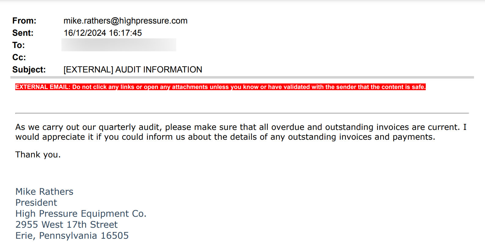 Punycode Blog Executive Impersonation Attack Email