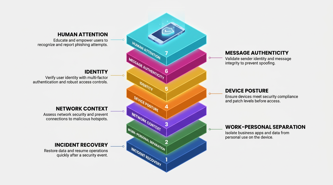 Seven stacked isometric hexagonal layers, each a different color, labeled Human Attention through Incident Recovery, illustrate layered mobile email security defenses spanning message authenticity, identity, device posture, network