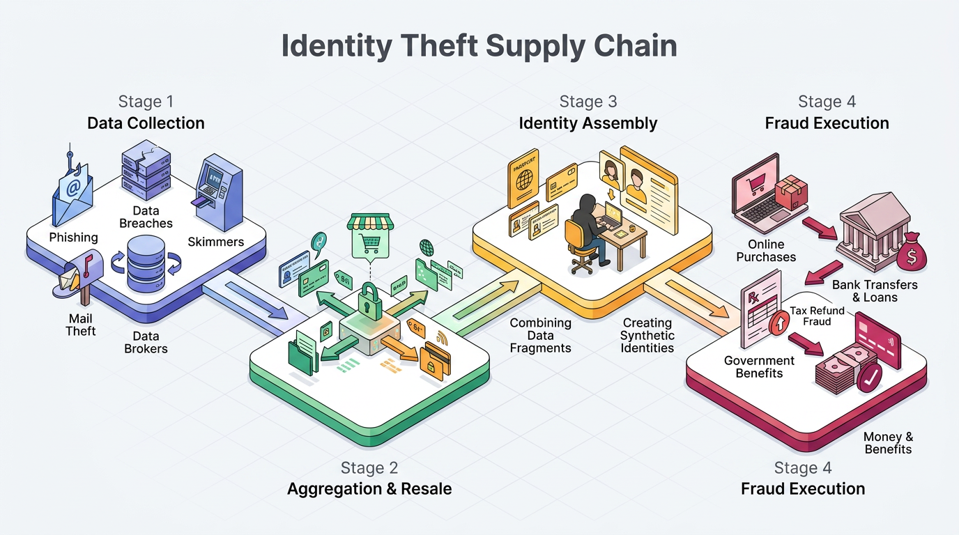 The four-stage flow moves from stolen data (phishing, breaches, skimmers) through aggregation and resale, identity assembly using combined fragments, to fraud execution via purchases, loans, tax refunds, and benefits.