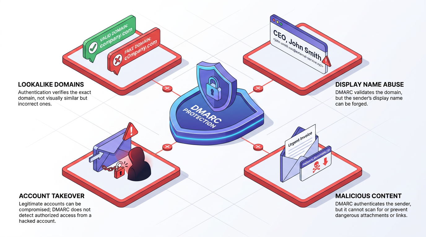Four failure modes DMARC does not stop, arranged around a central shield labeled DMARC Protection: lookalike domains, forged display names, account takeover, and malicious attachments or links.