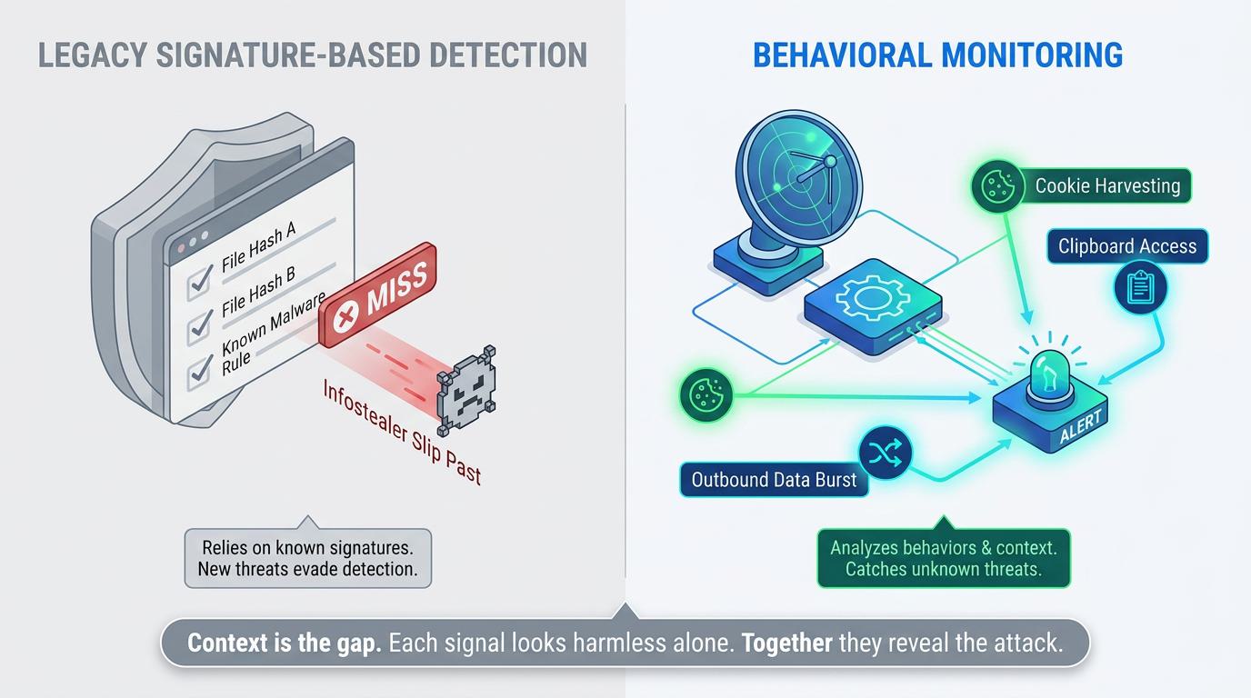Side-by-side diagrams compare keyloggers, which record typed input only, to infostealer malware that rapidly harvests stored credentials, session cookies, and browser data, illustrating the broader risk of mass credential theft.
