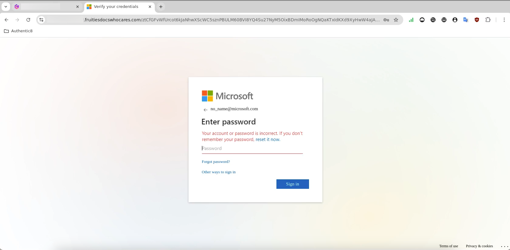 Gamma App Attack 6 Microsoft Login Wrong PW E