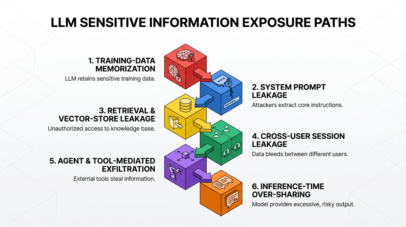 Six stacked isometric cubes, each paired with an arrow leading to the next, map LLM sensitive information disclosure paths: training-data memorization, system prompt leakage, retrieval and vector-store leakage, cross-user session leakage
