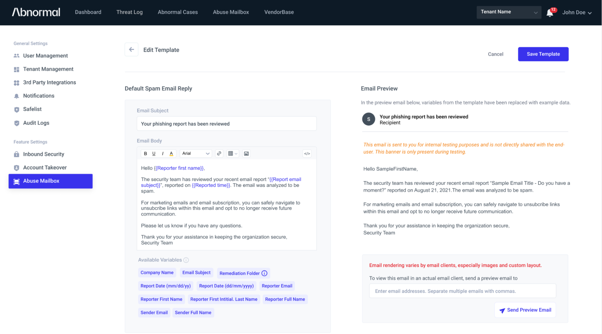 Abnormal's Abuse Mailbox has automated responses
