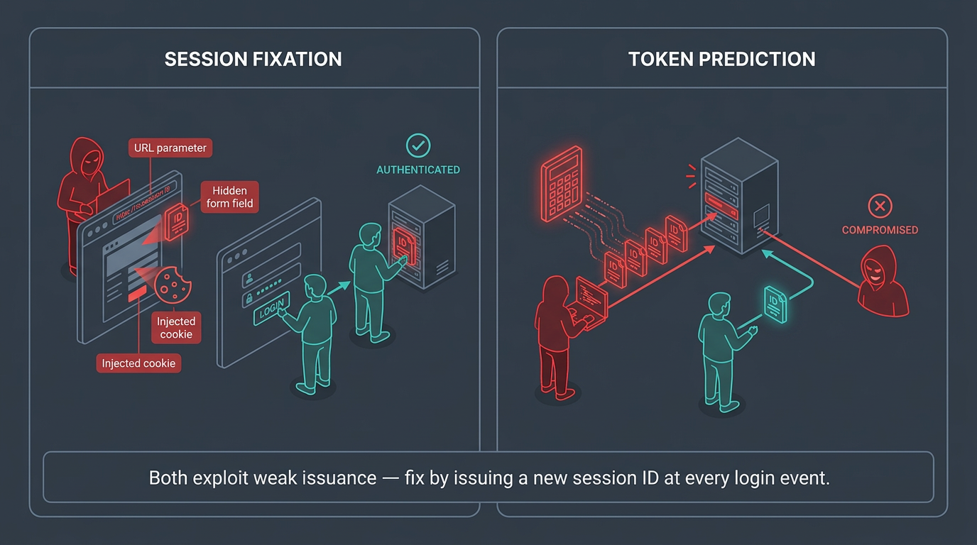 Two exploits are compared side by side: session fixation, where an attacker injects a session ID via URL, cookie, or hidden field before login, and token prediction, where weak randomness lets attackers calculate valid IDs; both are fixed