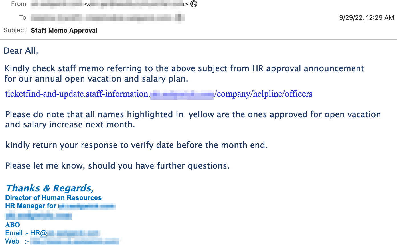 Abnormal 2022 Review HR Impersonation Attack Email
