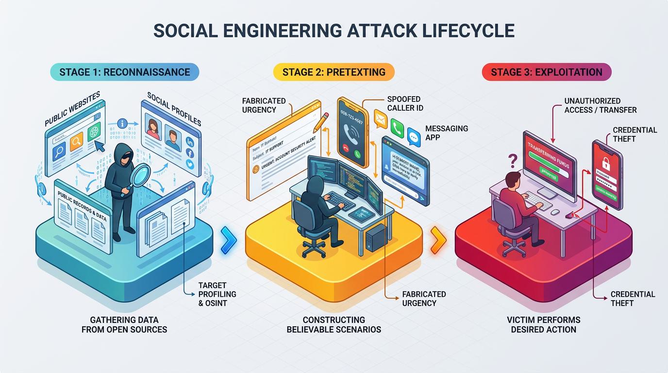 Circular diagram shows the lifecycle of a social engineering attack—reconnaissance, pretexting, exploitation, and persistence—illustrating how attackers manipulate human trust across communication channels to bypass technical defenses.