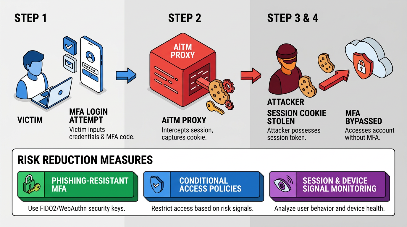 Diagram of an AiTM phishing attack showing four steps: victim MFA login, proxy intercepting session cookies, attacker stealing the token, and MFA bypass, alongside phishing-resistant MFA, conditional access, and monitoring as mitigations.
