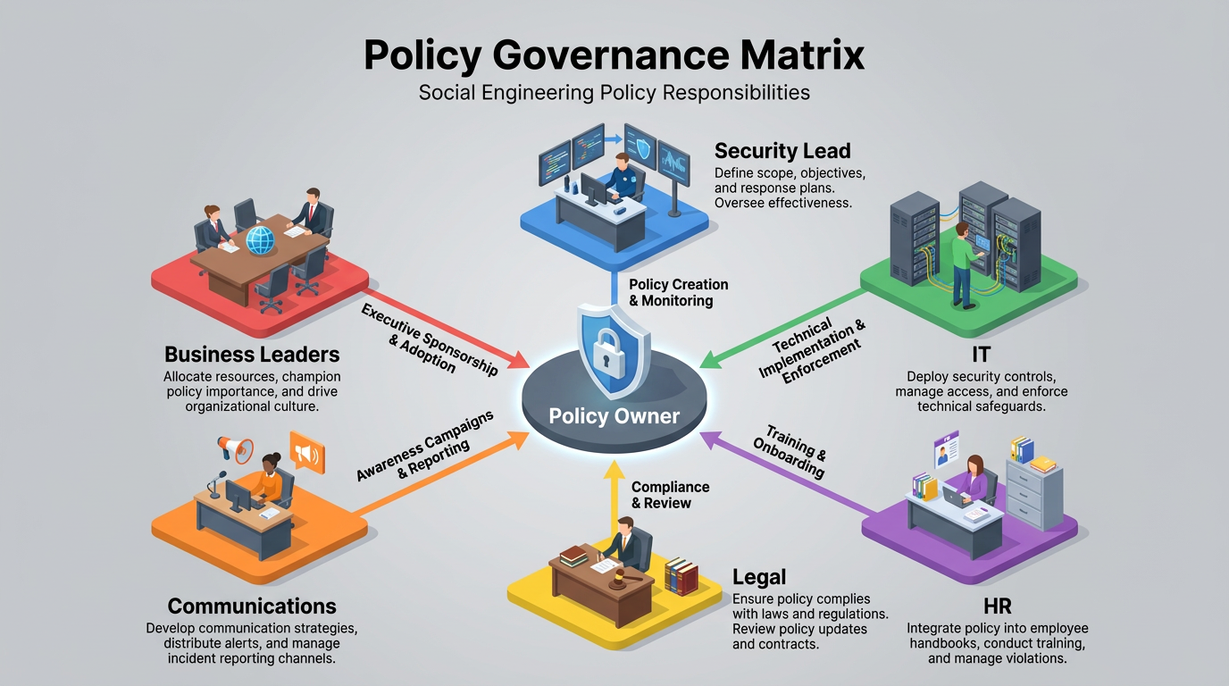 Six roles—Business Leaders, Security Lead, IT, HR, Legal, and Communications—connect to a central Policy Owner hub, each labeled with distinct social engineering policy responsibilities like verification, training, and compliance.