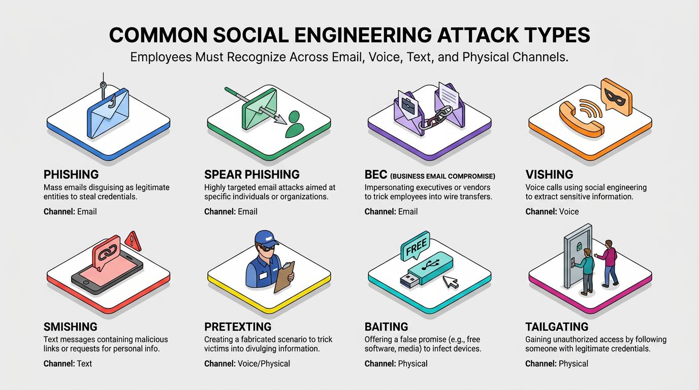 Circular diagram illustrates how effective social engineering training combines education, simulated attack exercises, clear reporting workflows, and role-specific procedures in a continuous cycle to reinforce real-world verification