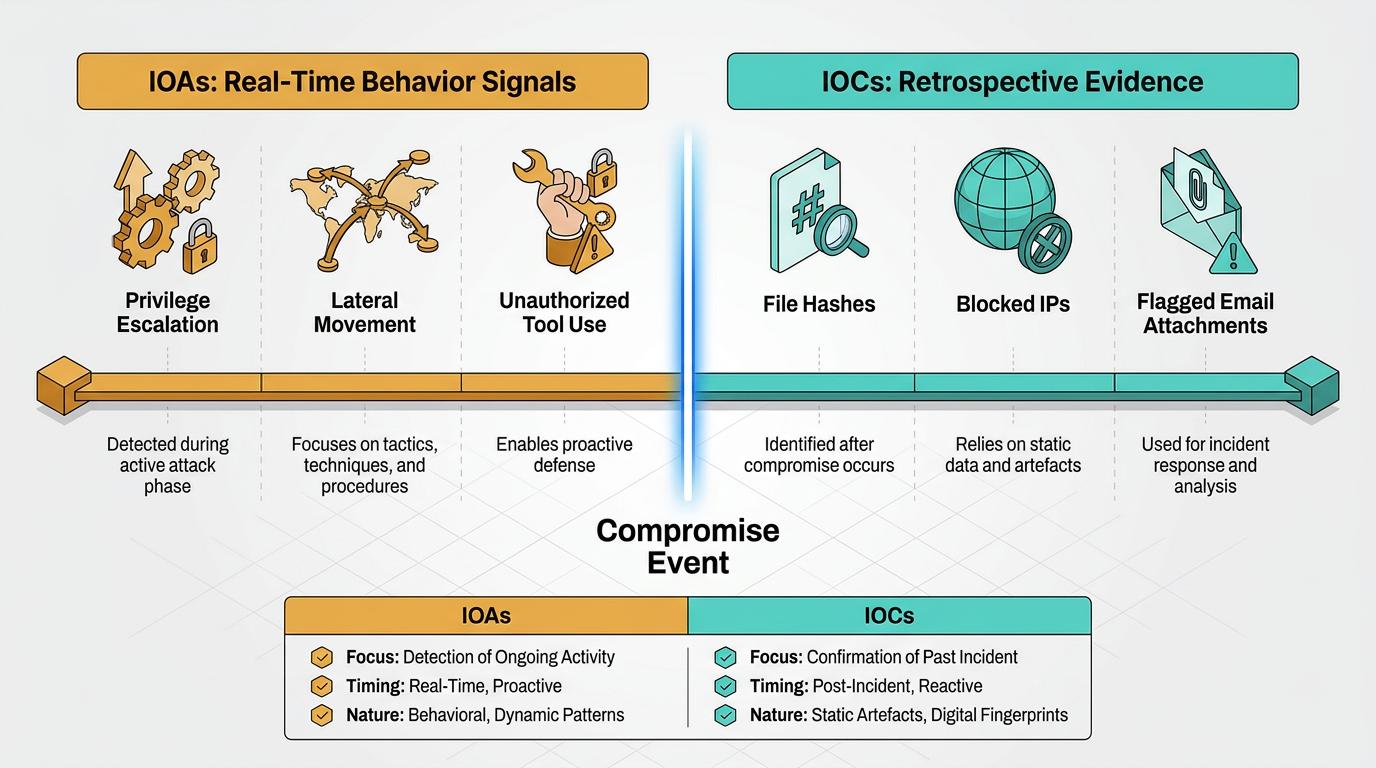 Labeled graphic uses network diagrams and threat icons to illustrate how security teams detect IOCs—like suspicious emails, network anomalies, file changes, and behavioral patterns—to identify and investigate cybersecurity breaches.
