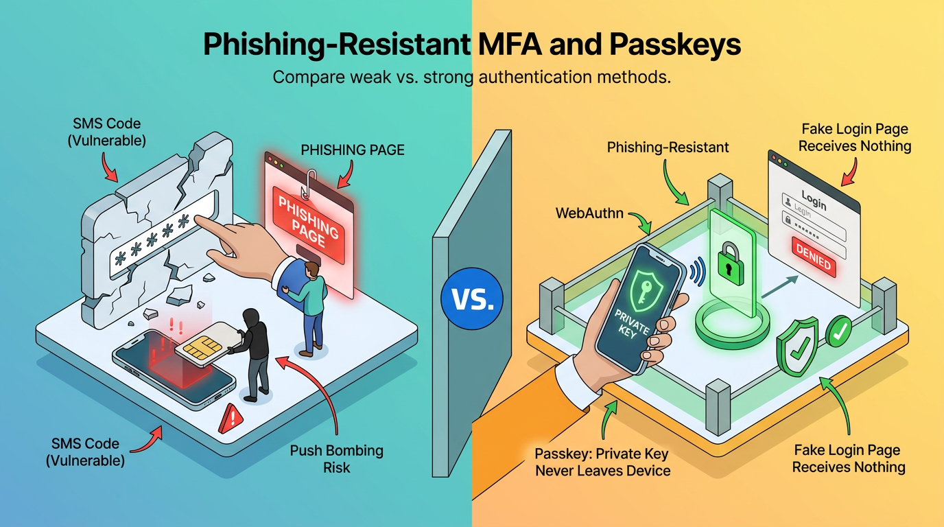 Split-screen comparison contrasts vulnerable SMS codes and push-bombing risks falling to phishing pages against phishing-resistant WebAuthn passkeys, whose private keys never leave the device, defeating fake login attempts entirely.