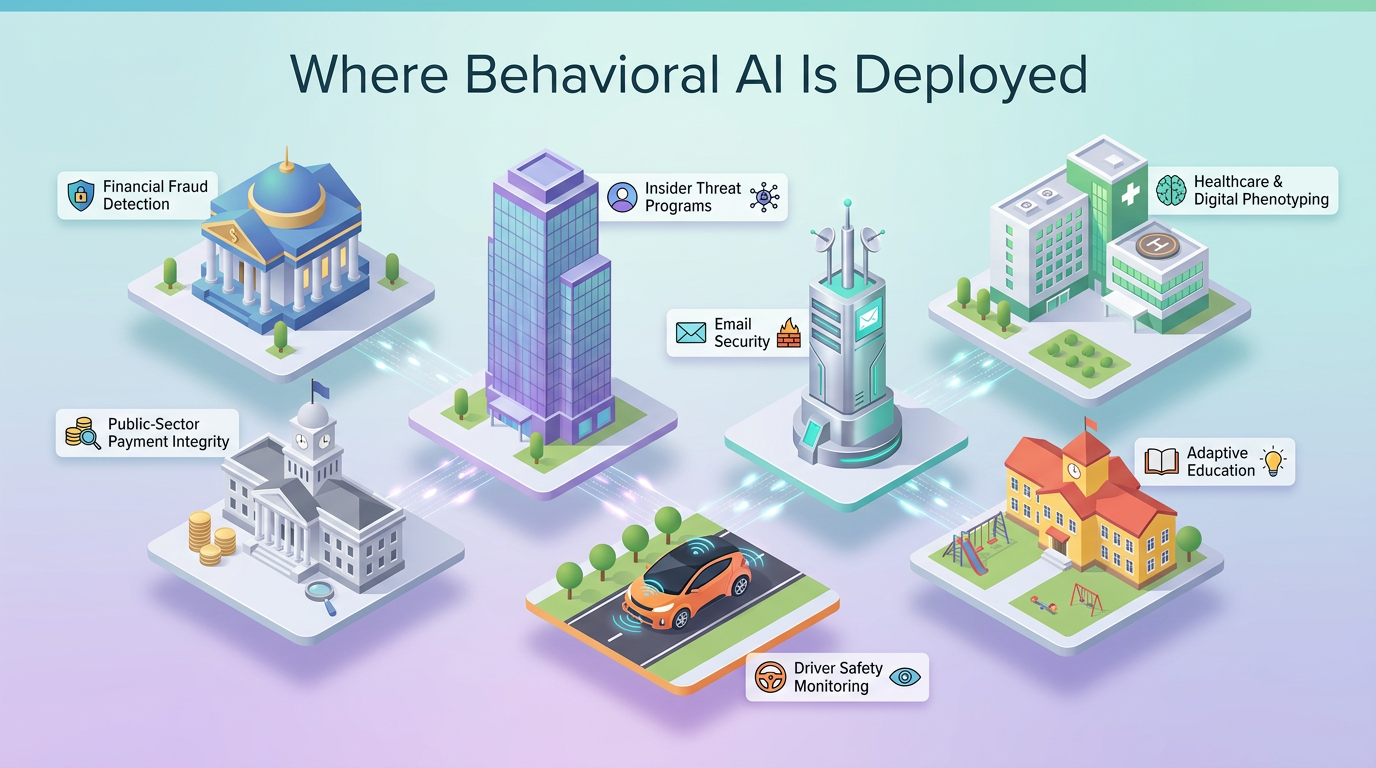 Seven isometric scenes—a bank, government building, office tower, security tower, hospital, school, and connected car—each labeled with a behavioral AI use case: financial fraud detection, public-sector payment integrity, insider threat