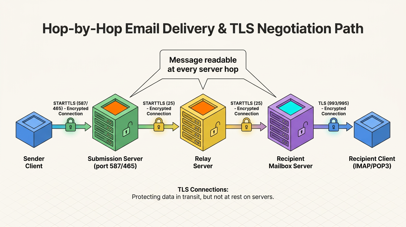 Diagram traces an email's five TLS-protected hops—from sender client through submission, relay, and mailbox servers to recipient client—noting the message stays readable at each server despite encrypted connections in transit.