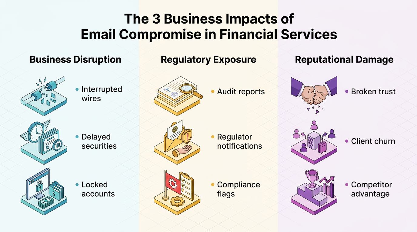 Three columns illustrate how email compromise affects financial institutions: business disruption (interrupted wires, delayed securities, locked accounts), regulatory exposure (audit reports, regulator notifications, compliance flags), and