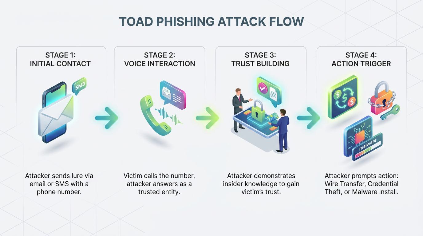 Illustrates the multi-stage flow of a TOAD phishing attack, showing coordinated use of email, text, phone calls, and AI deepfakes to bypass traditional security measures and exploit human trust and urgency.