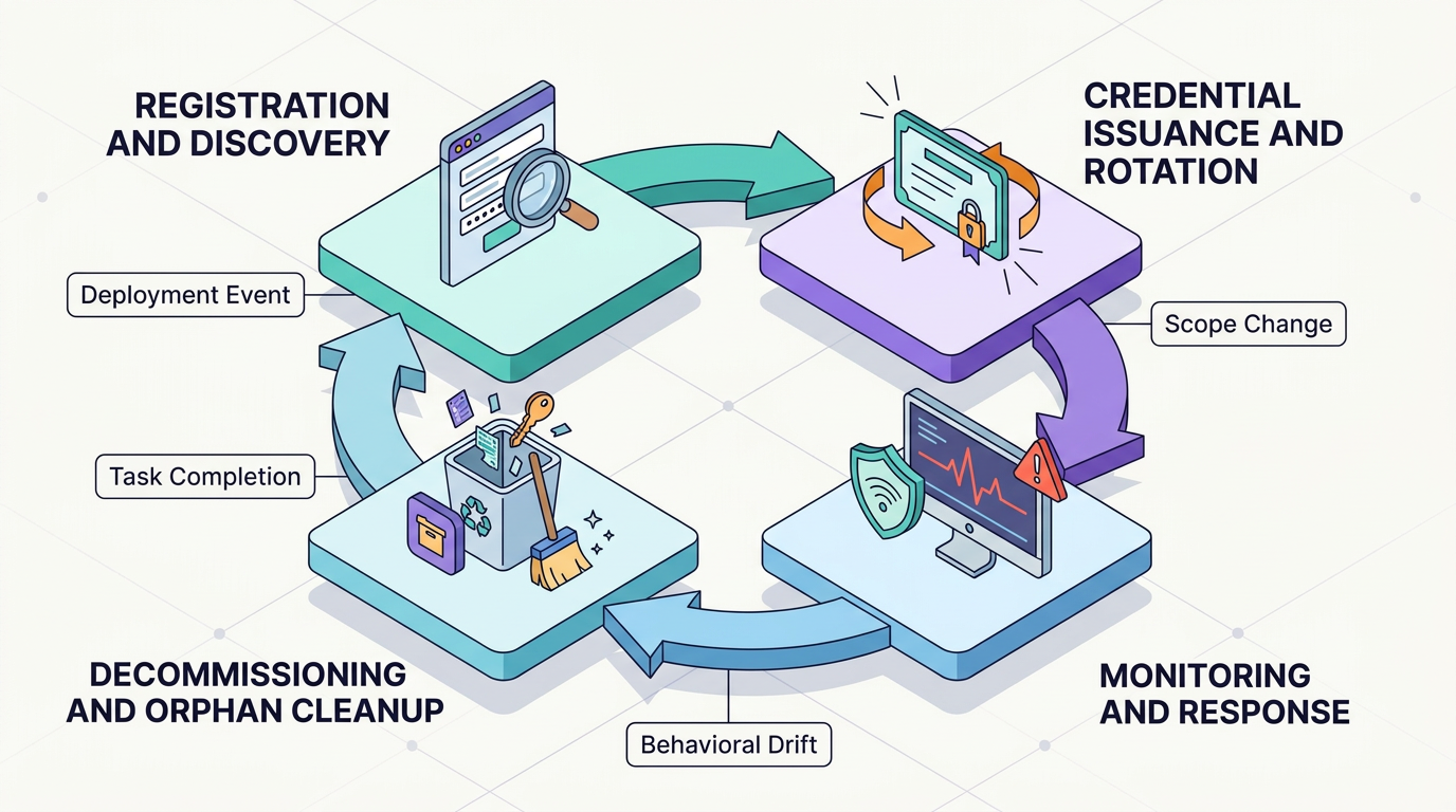 This cyclical diagram illustrates the agentic identity lifecycle: registration and discovery, credential issuance and rotation, monitoring and response, then decommissioning, triggered by deployment, scope change, behavioral drift, and