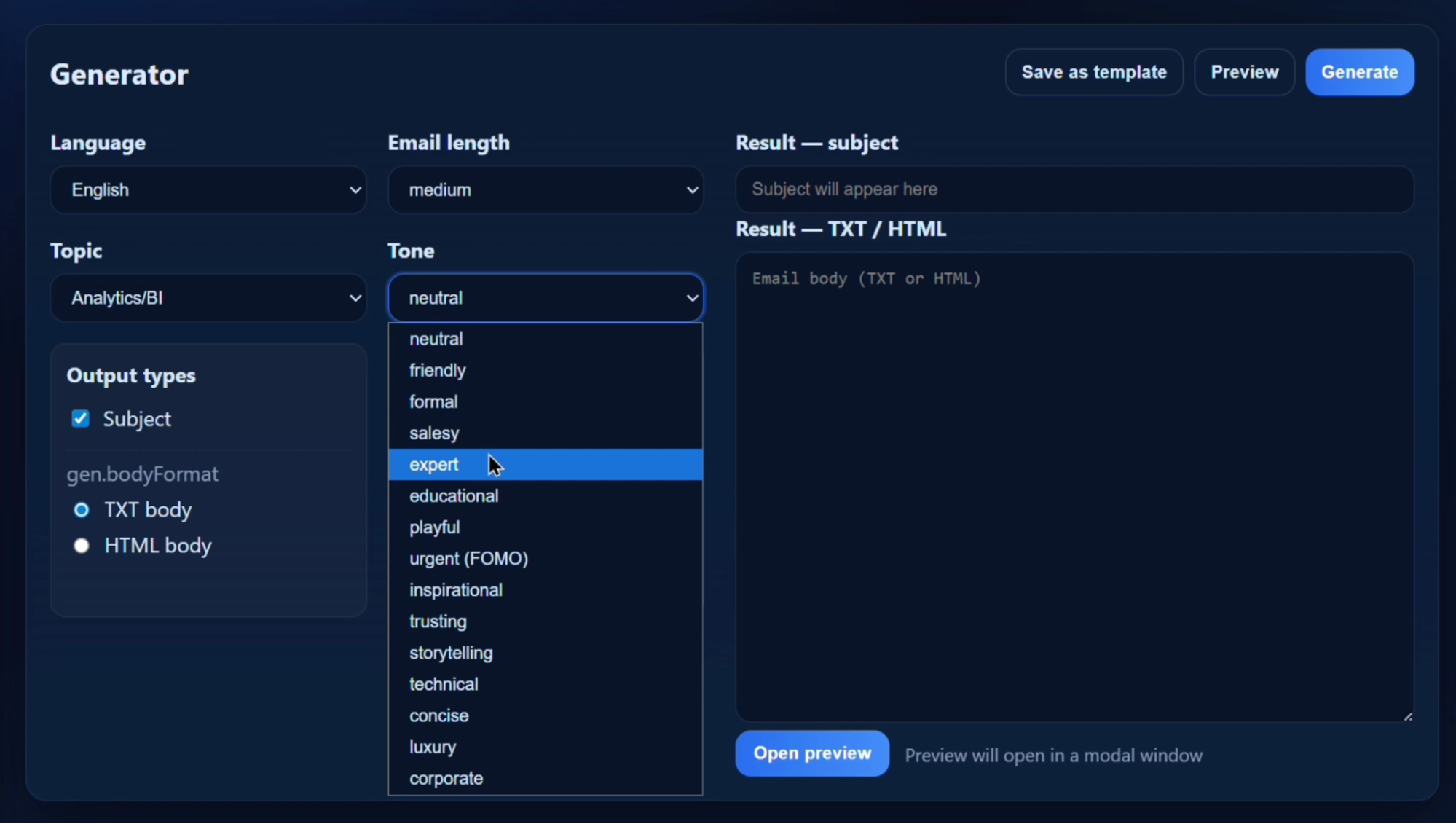 Inbox Prime AI 4 Tone Selection