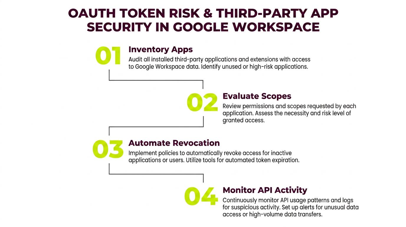 OAuth token risk and third-party app security checklist for Google Workspace showing four steps: inventory apps, evaluate scopes, automate revocation, and monitor API activity.