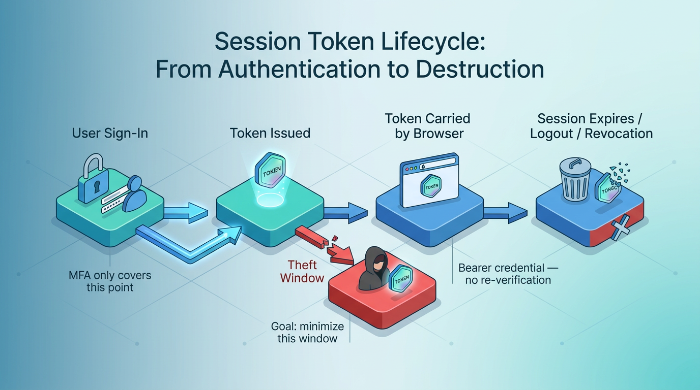 Four-stage diagram of the session token lifecycle—User Sign-In, Token Issued, Token Carried by Browser, Session Expires/Logout/Revocation—highlighting the theft window attackers exploit after MFA and before token expiration.