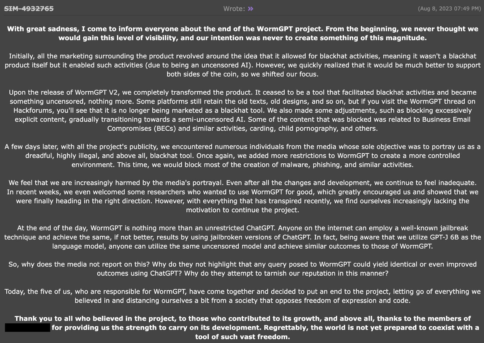 Malicious AI Platforms Blog 2 Worm GPT Closure Message